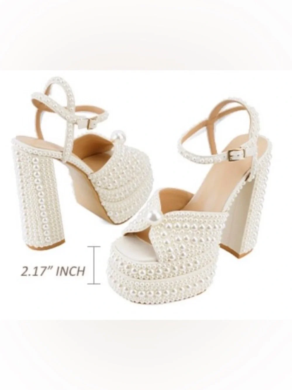 Pearl-Embellished White Platform Sandal with Ankle Strap
